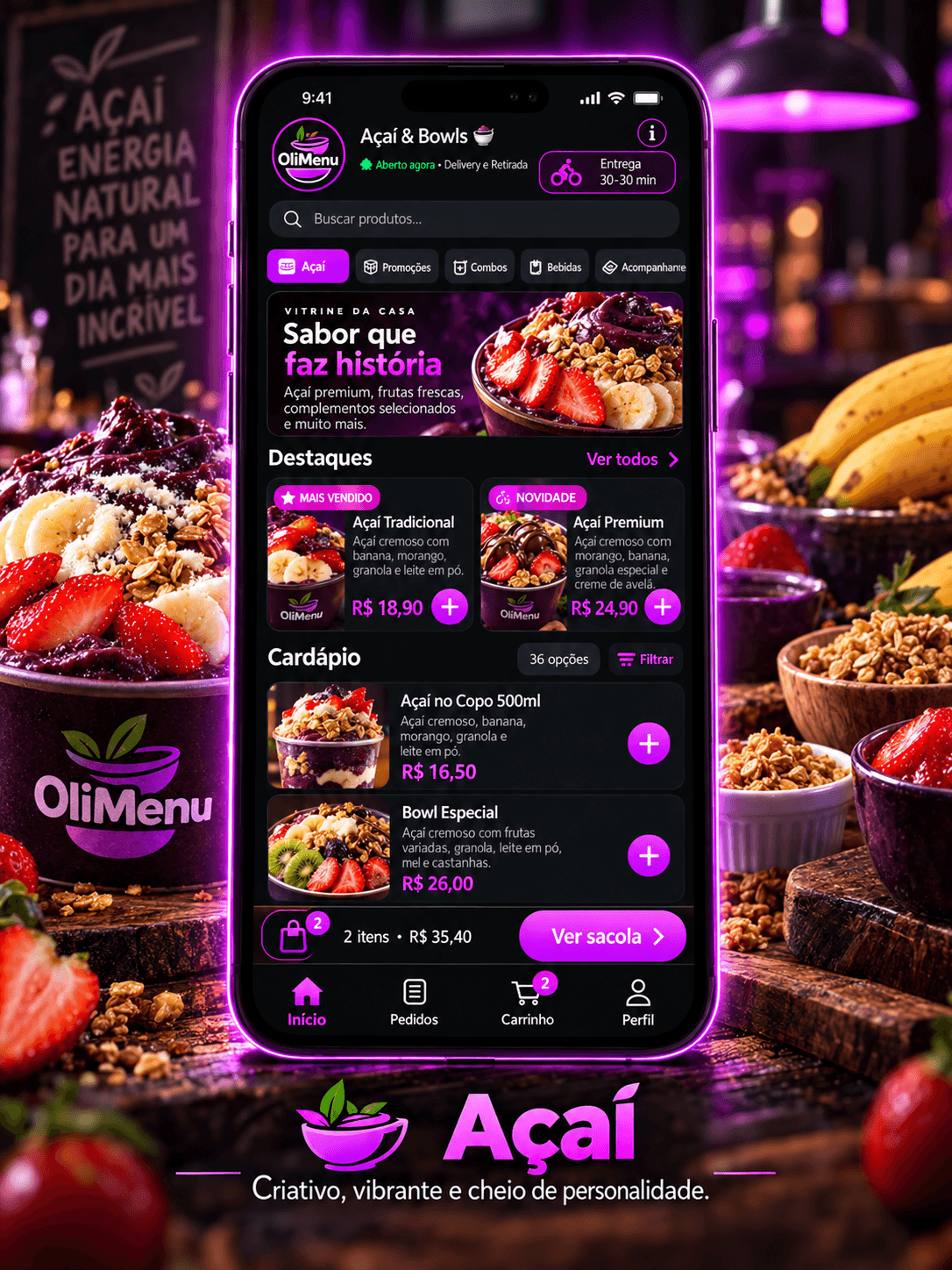 Modelo Açaí & Bowls do cardápio digital